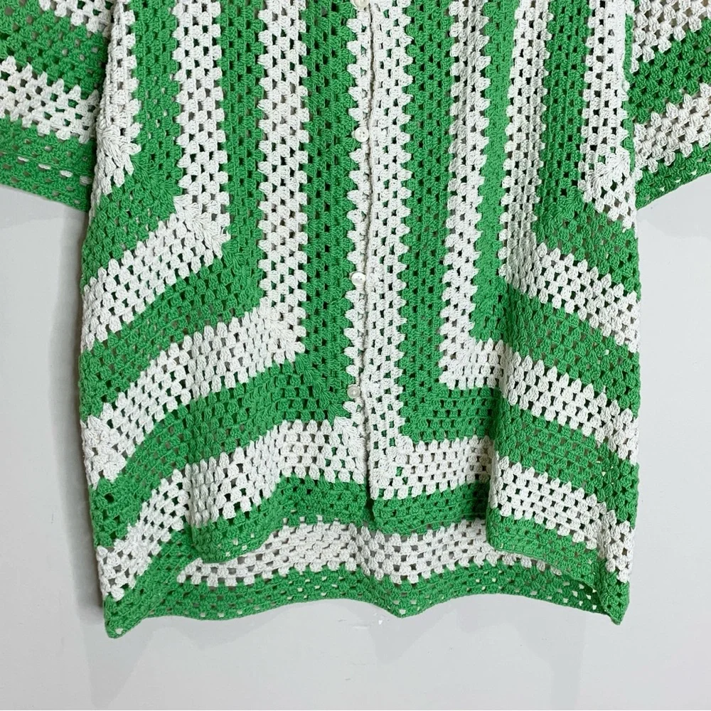 Bode Crochet Shirt (Sz S/M) Flagship Short Sleeve Button Up Striped Green Cream